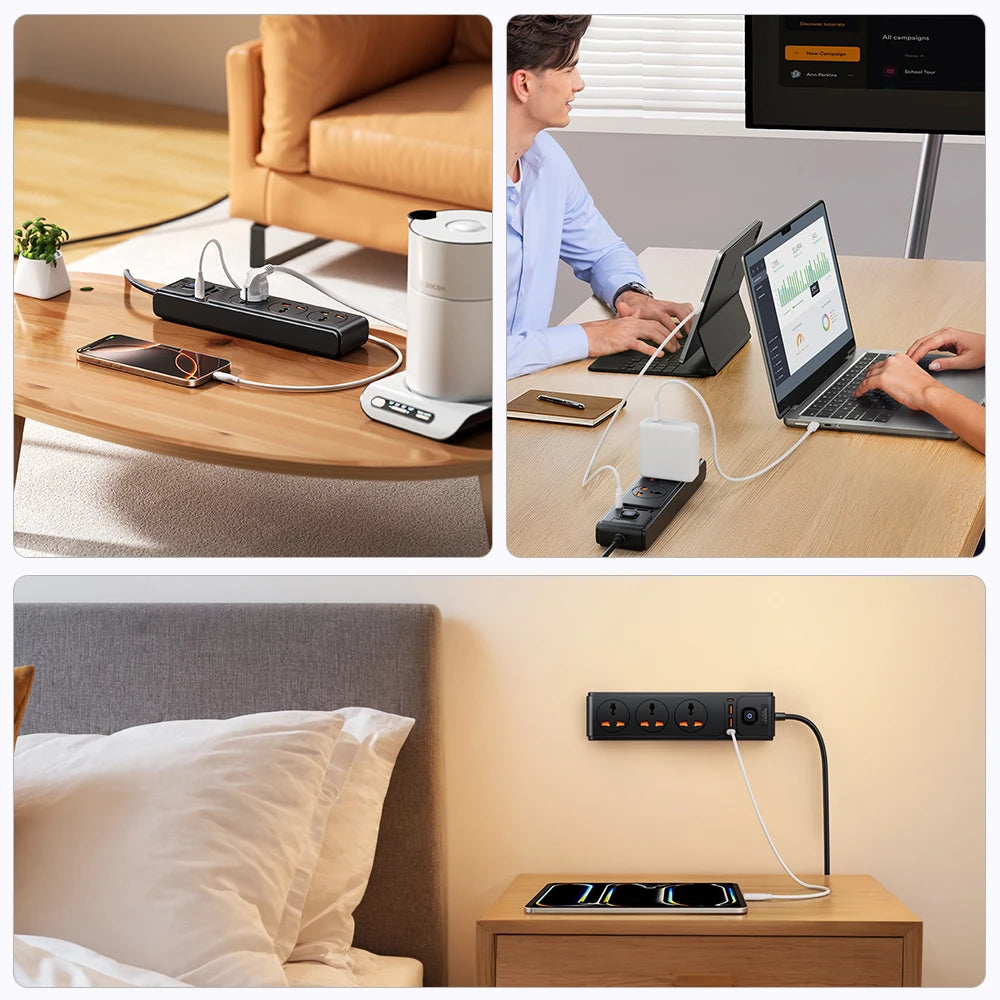Toocki PD20W GaN Versatile Power Strip 2500W Max Universal 3AC Outlet EU UK US Plug Adapter Electrical Socket 2M Extension Cable