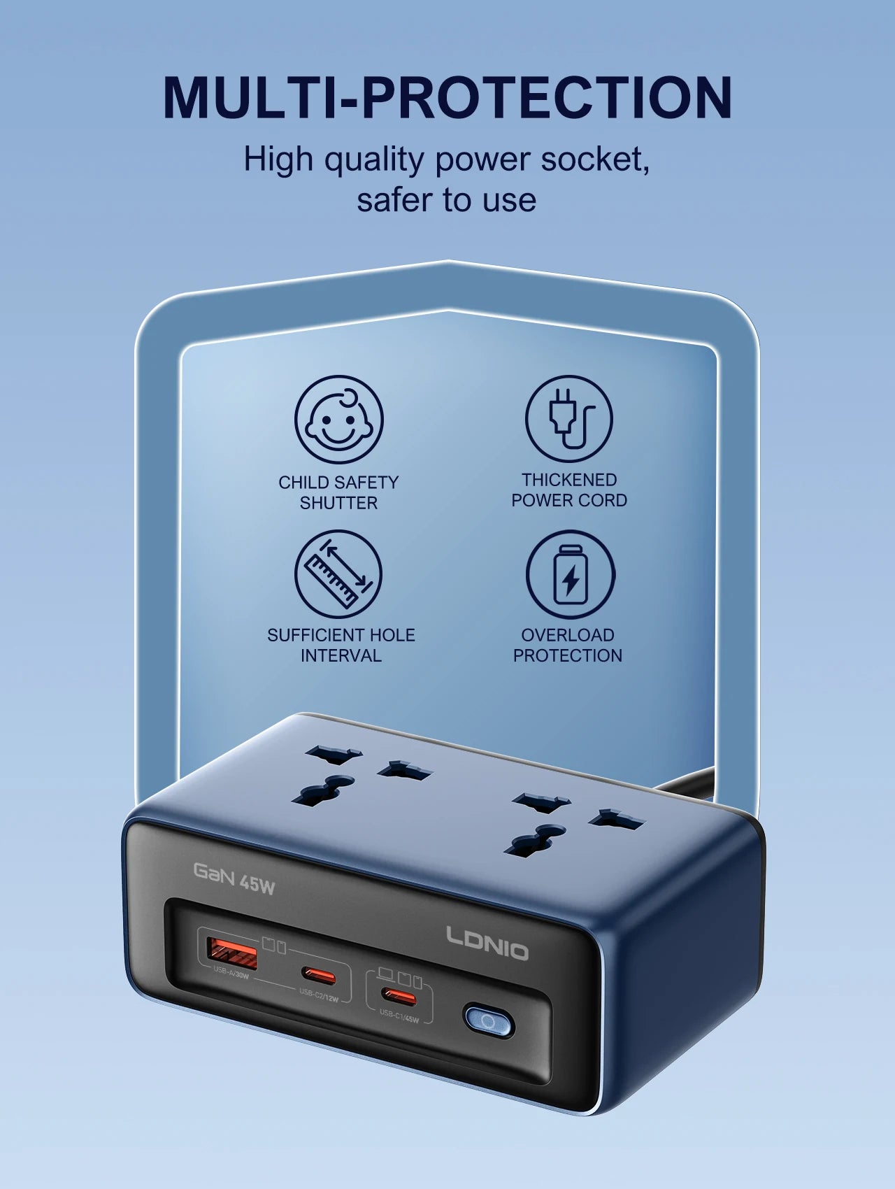 LDNIO 45W Fast Charger Cube – USB-C Charging Station with Extension Cable 2 M