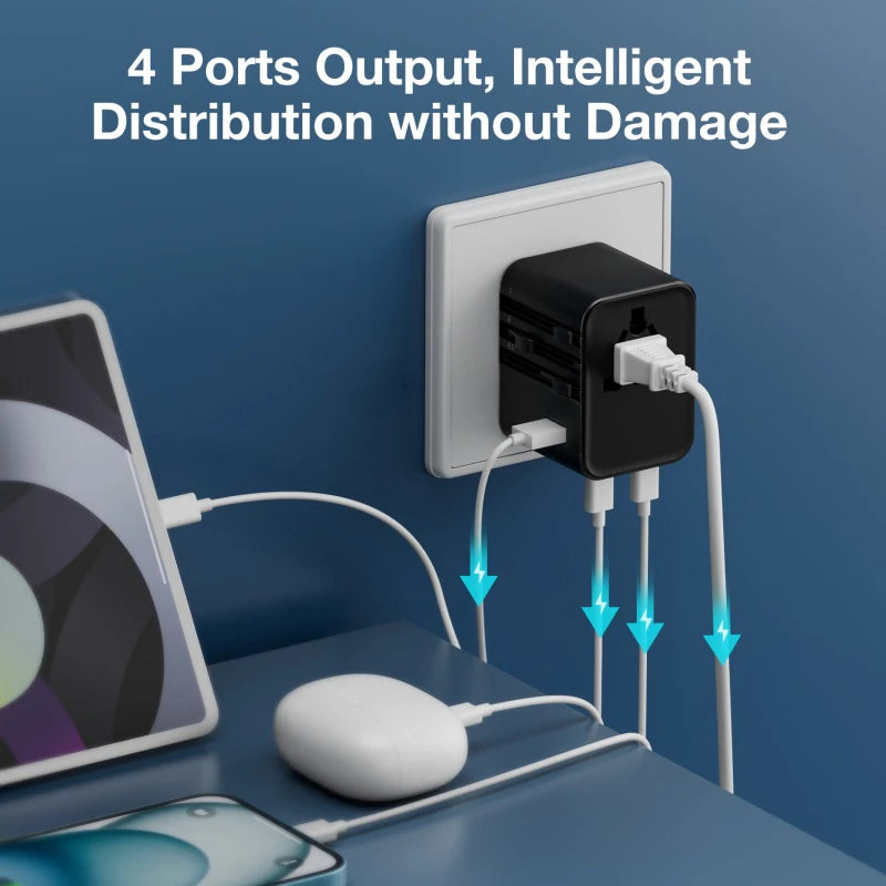 JINGMIN Universal Travel Adapter – 4 AC Outlets + 3 USB/Type-C PD 25W