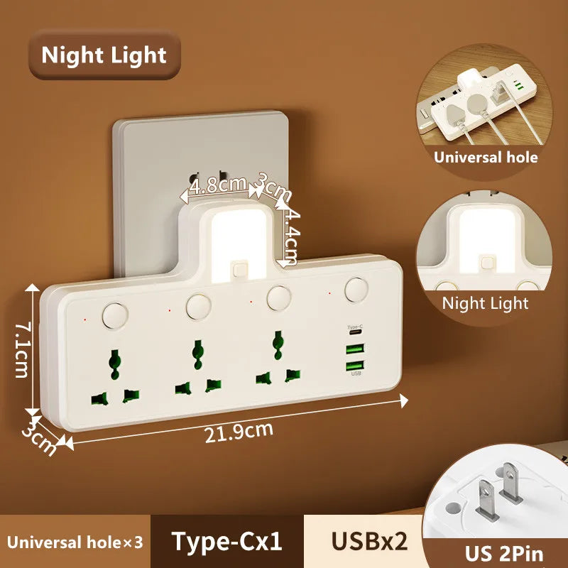 7-in-1 EU US UK AU Power Strip, Independent switch socket Power Strip 3 AC Outlets 2 USB 1 Type-C, Equipped USB charging adapter