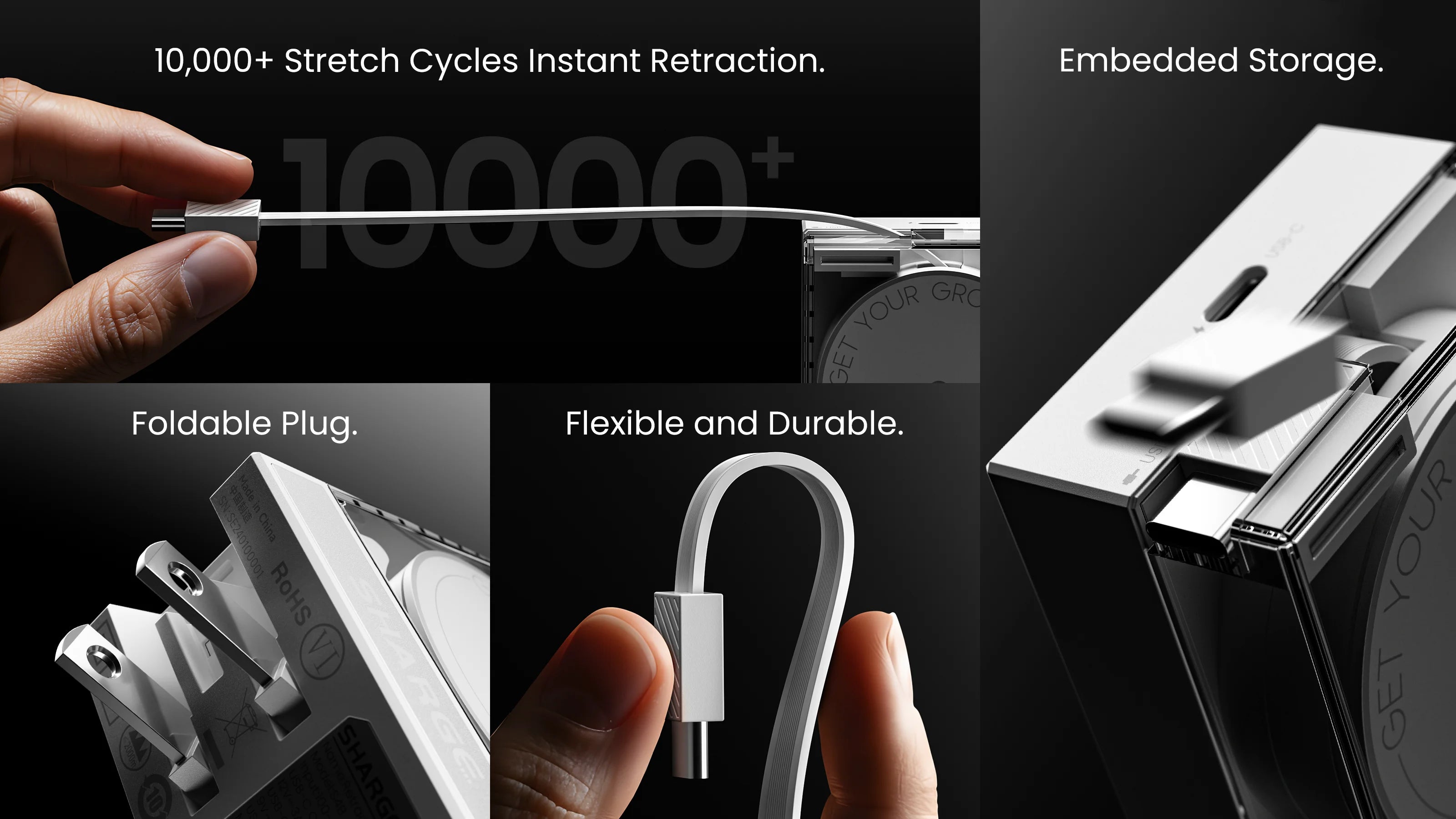 SHARGE Retractable 65W USB C Charger GaN Power 2 Devices PD Fast Charging for MacBook Pro/Air, iPhone 16,Pixel Book