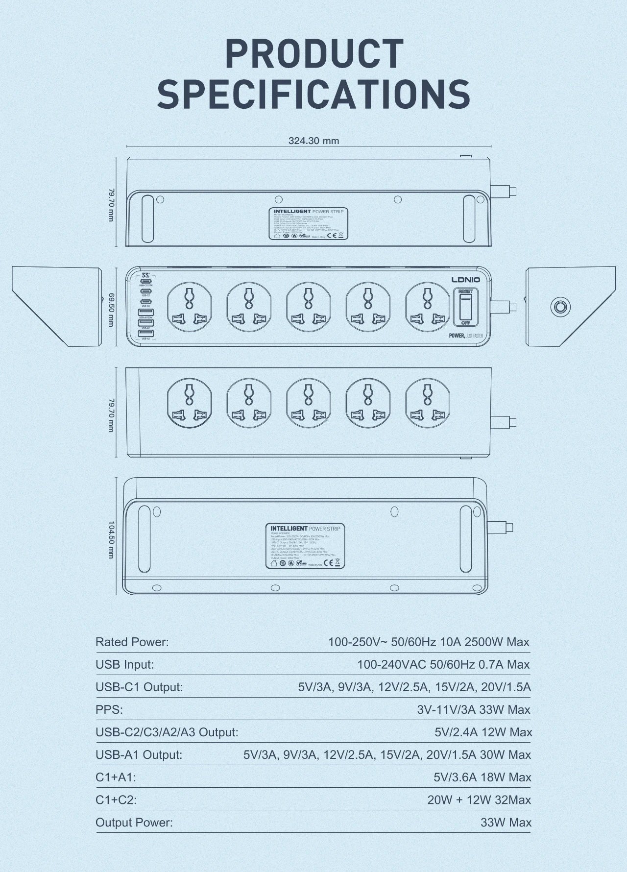 LDNIO Power Strip – 10 AC Outlets with USB-C, Surge Protector, 2M Extension Cord