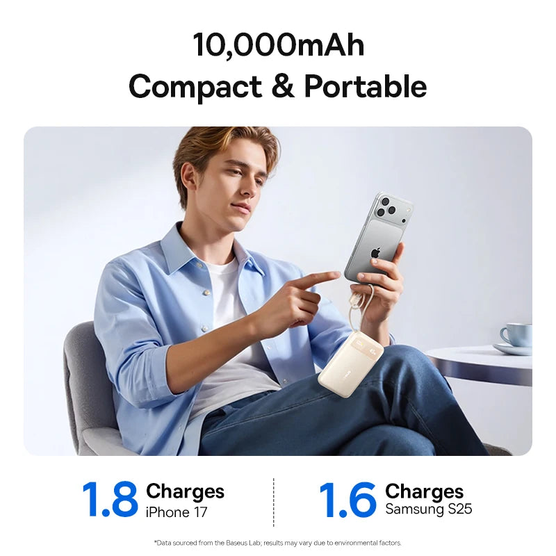 Baseus 45W Power Bank 10000mAh 20000mAh Built-In Dual USB-C Cable Fast Charging for iPhone 17 16 Pro Max Samsung S25 Xiaomi Poco