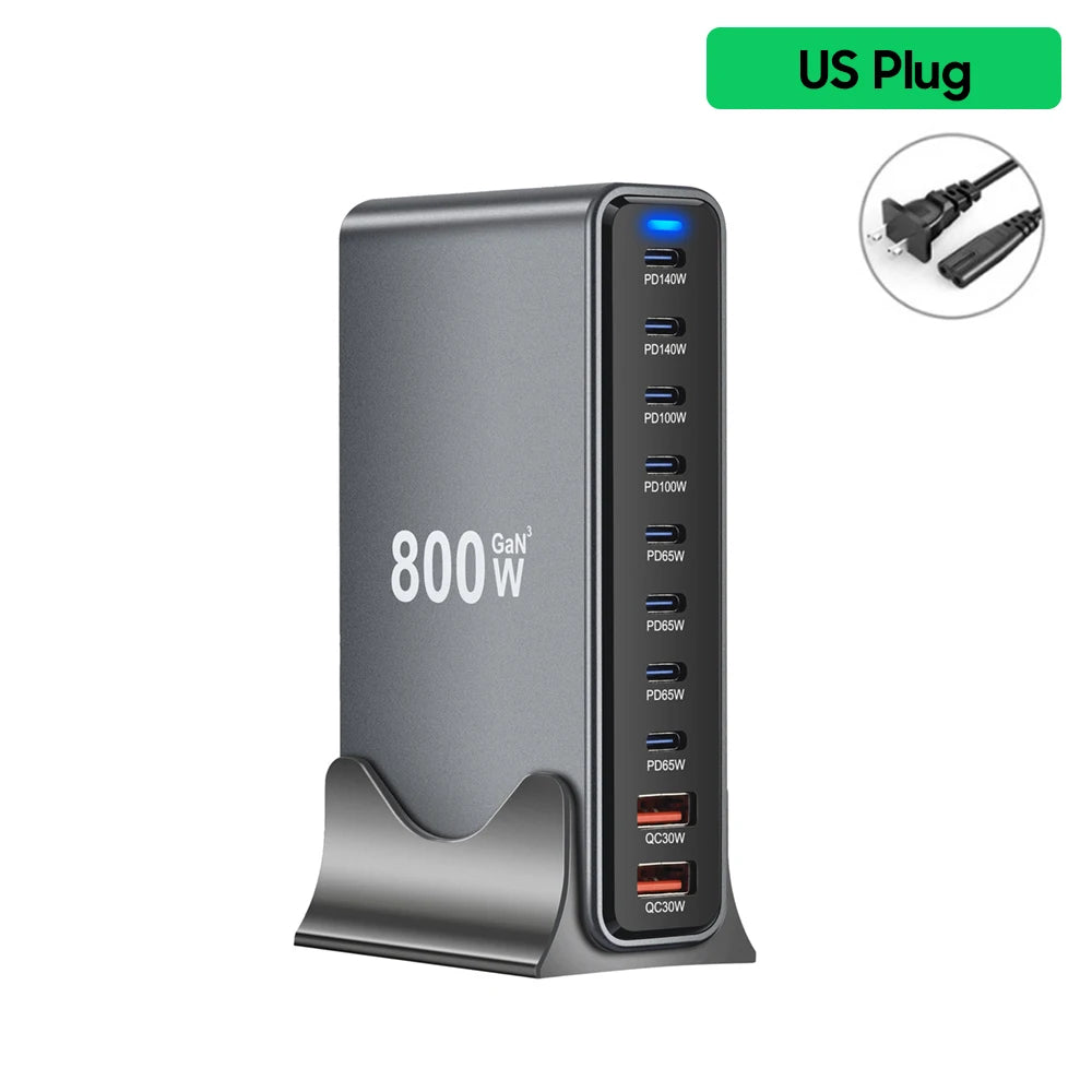 800W GaN 10-Port USB-C Fast Desktop Charger – PD3.1 for iPhone, Samsung & Laptop