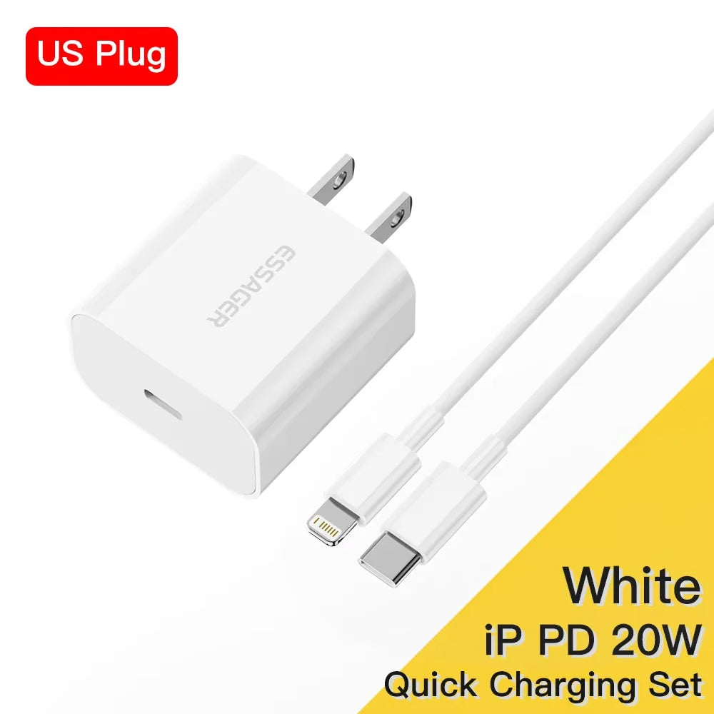 Essager 20W Charger Fast Charging Type-C Lightning Charger Set PD QC Quick Charge  For  iPhone 14 13 12 11 iPad Pro Max