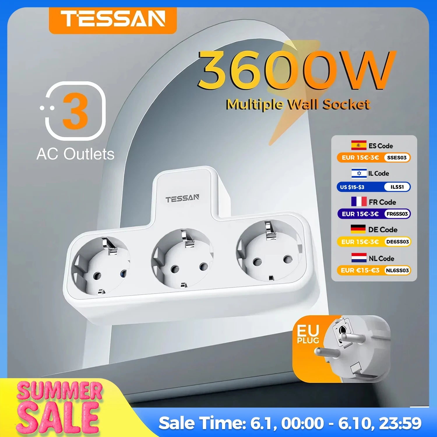 TESSAN Multiple Wall Socket with 3 AC Outlets Charging Ports EU Plug Wall Power Strip with Overload Protection 3fach Stecker Eu