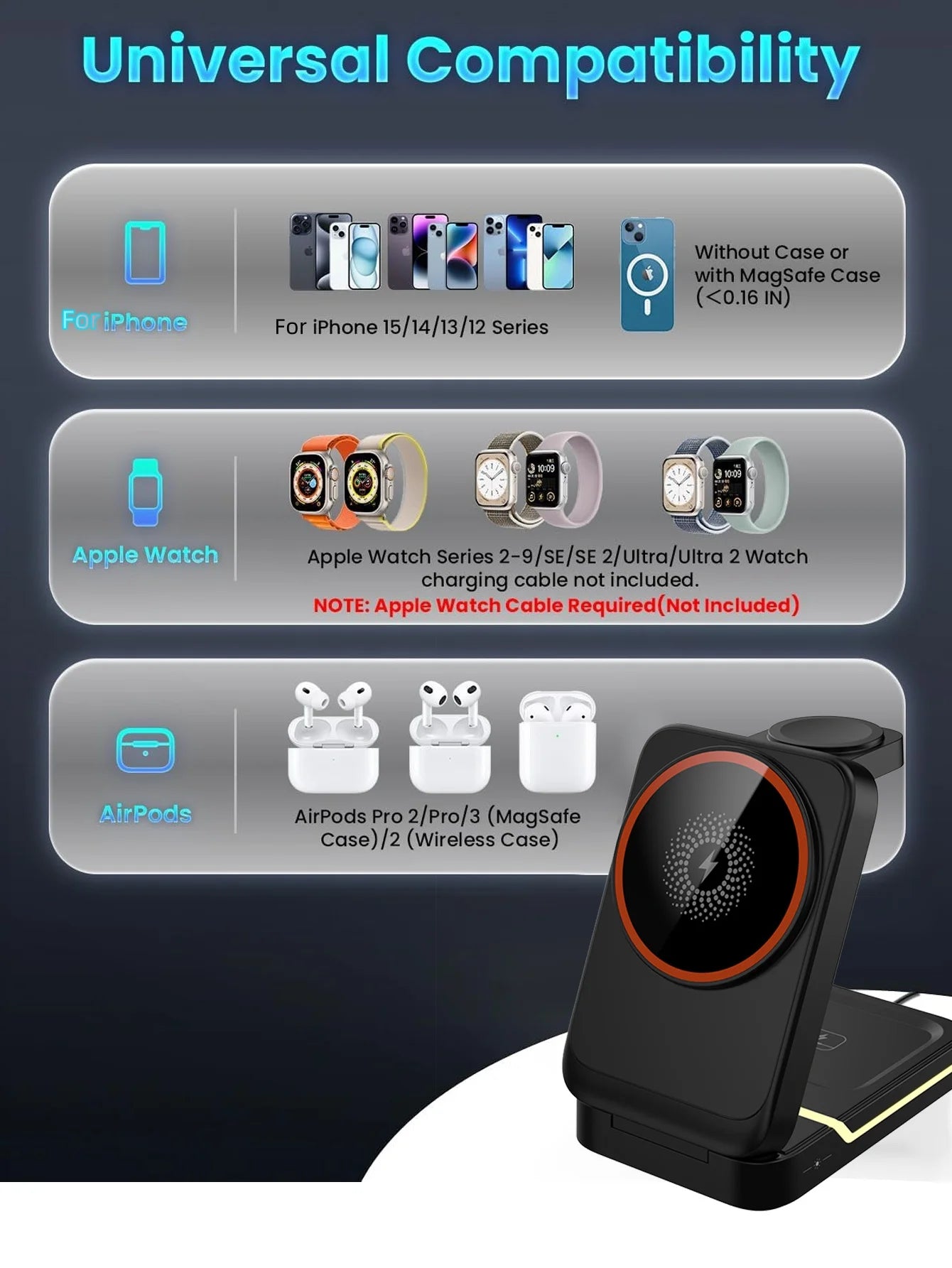30W 3 in 1 Magnetic Foldable Travel Fast Wireless Charger Stand for Magsafe iPhone 16 15 14 13 17 Pro Apple Watch 2-9 SE Airpods