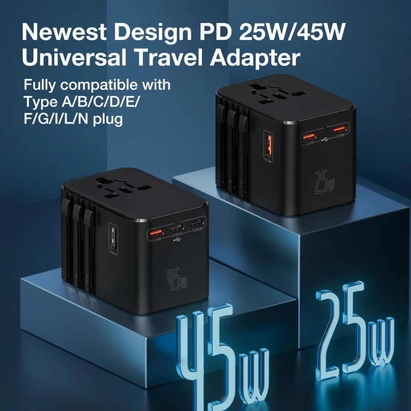 JINGMIN Universal Travel Adapter – 4 AC Outlets + 3 USB/Type-C PD 25W