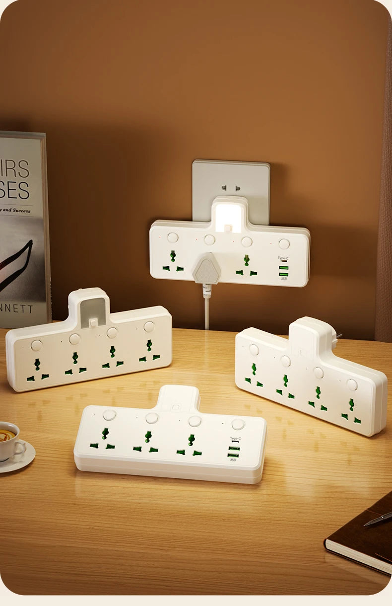 7-in-1 EU US UK AU Power Strip, Independent switch socket Power Strip 3 AC Outlets 2 USB 1 Type-C, Equipped USB charging adapter