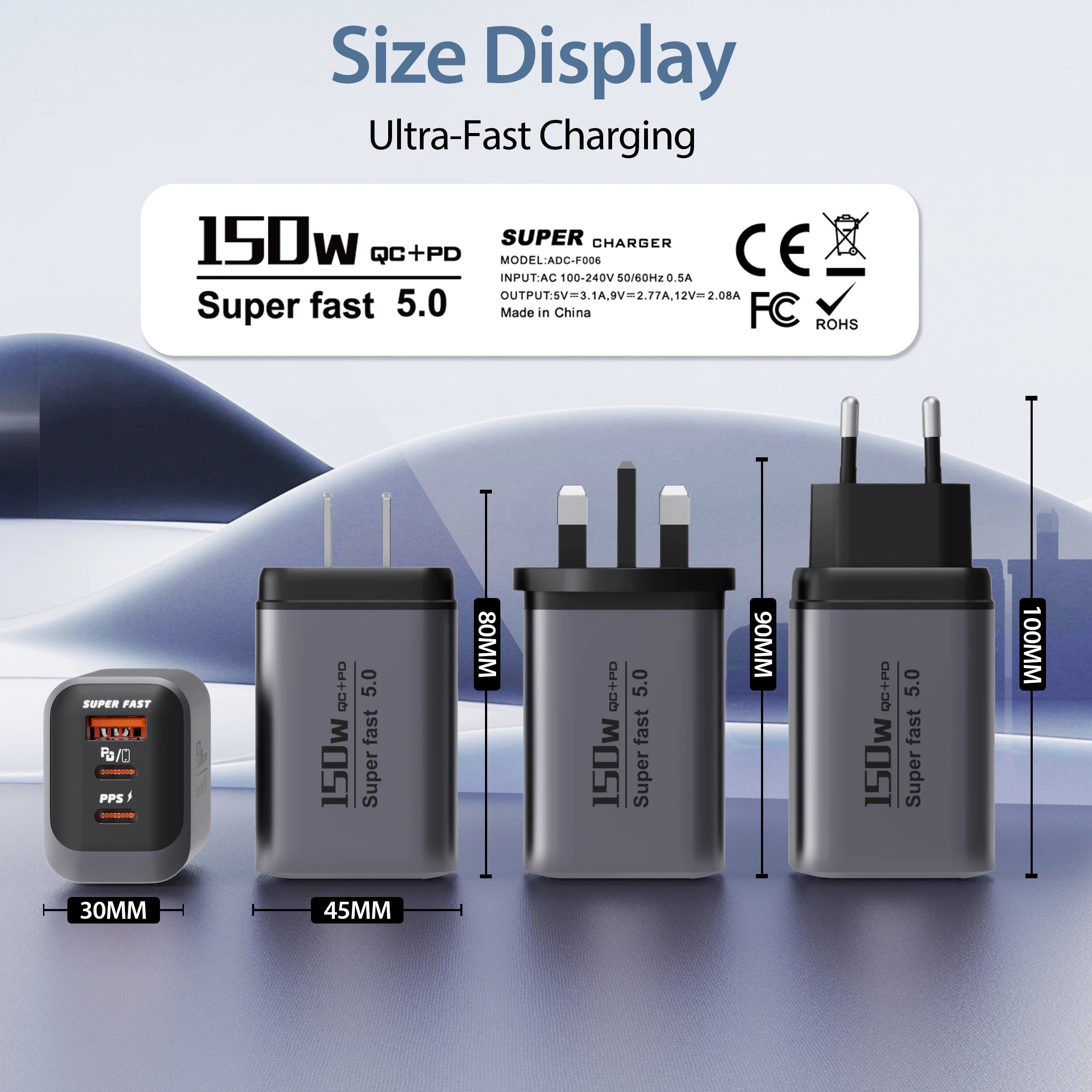 Quick Charge 3.0 Fast Charger Muti Total 150W 3 Port USB Type C PD Mobile Phone Wall Adapter for iPhone 16 Samsung S24 Xiaomi 15