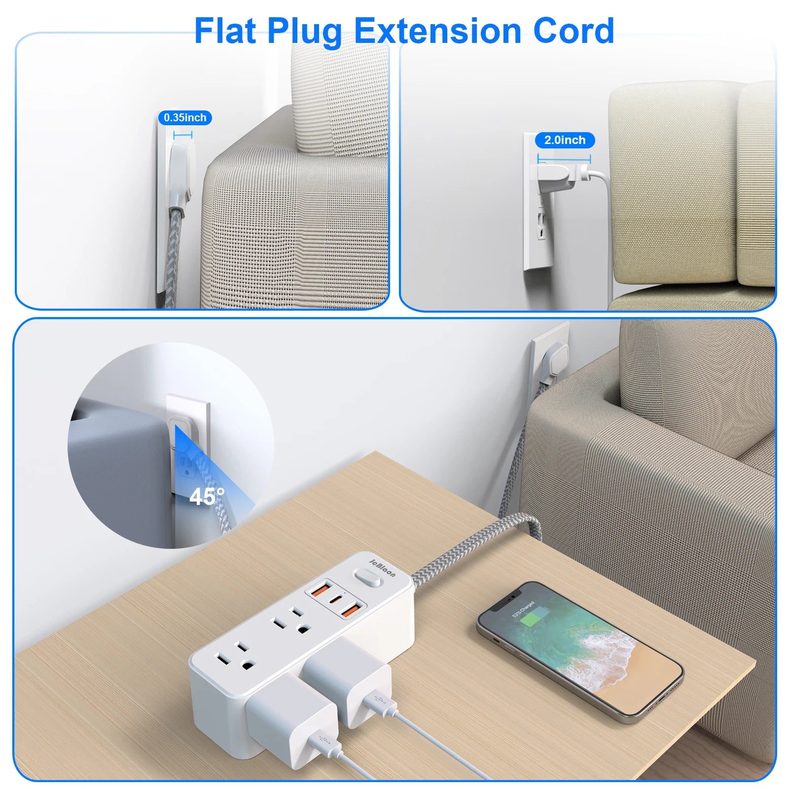 JcBlaon US Plug Multitap Power Strip – 1.5m Braided Cable with USB Charging