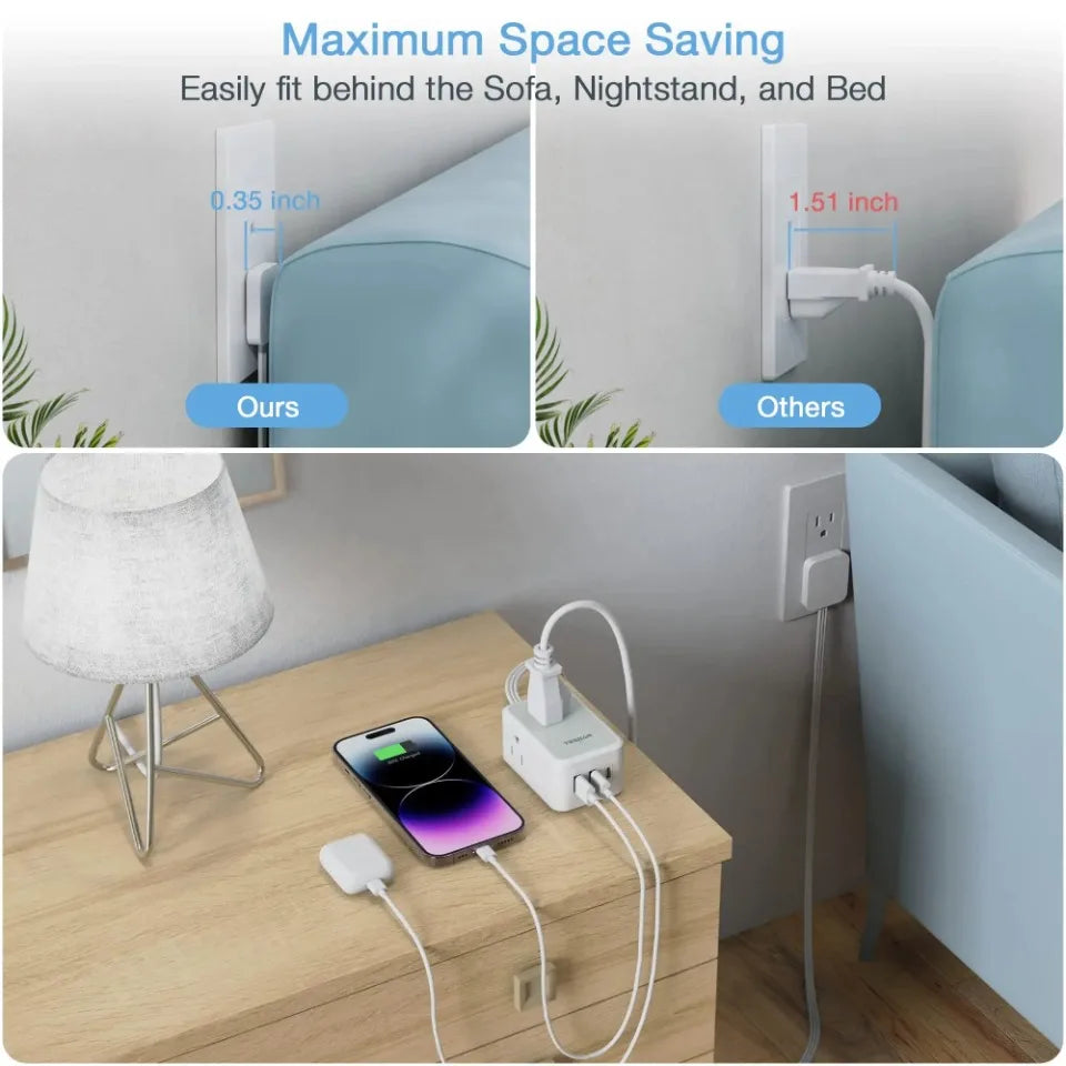 TESSAN Mini Power Strip – Ultra-Thin Design with 3 AC Outlets & 3 USB Ports