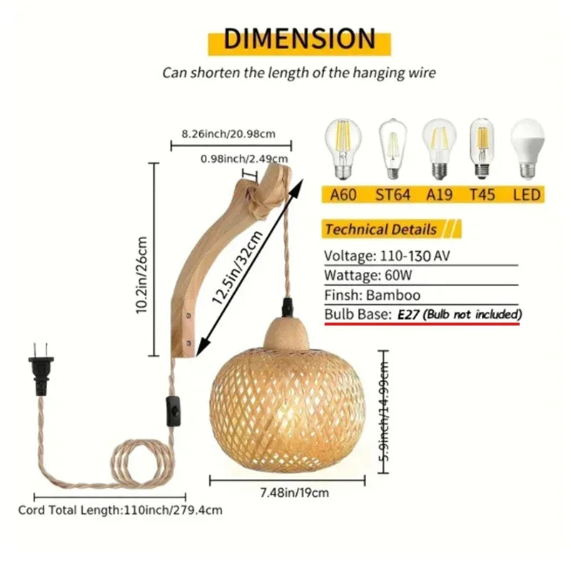 Bamboo Lantern Wall Lamp – Hand-Woven Rattan E27