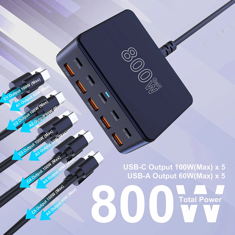 800W USB-C GaN Charger – 100W PD Multiport Fast Charging