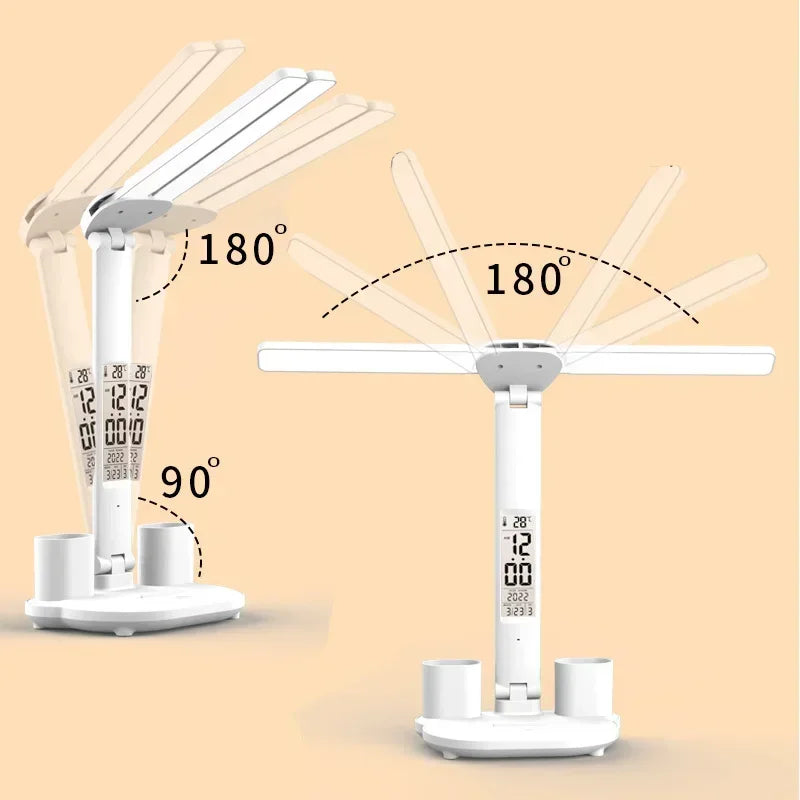 LED Desk Lamp – USB Dimmable Foldable Table Lamp with Clock, Calendar, Temperature Display & Night Light