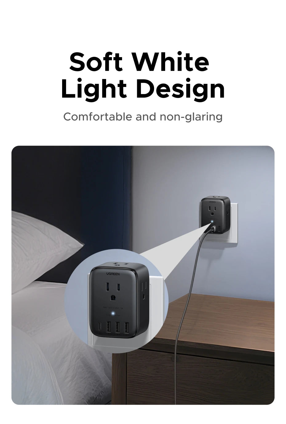 UGREEN 20W Power Strip – 4 AC Outlets, 3 USB-A & 1 USB-C for Home & Travel