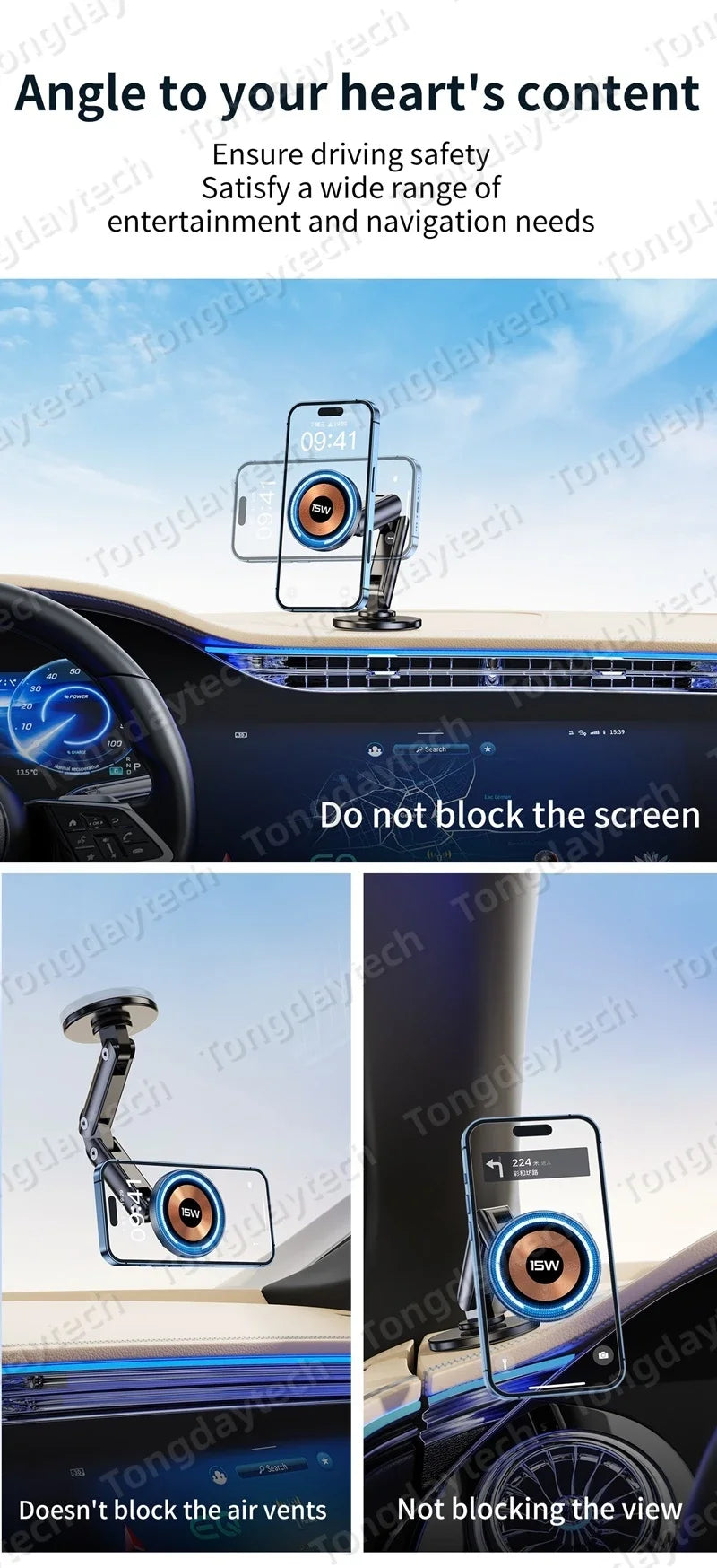 Magnetic Car Charger Holder – 15W Wireless Fast Charge