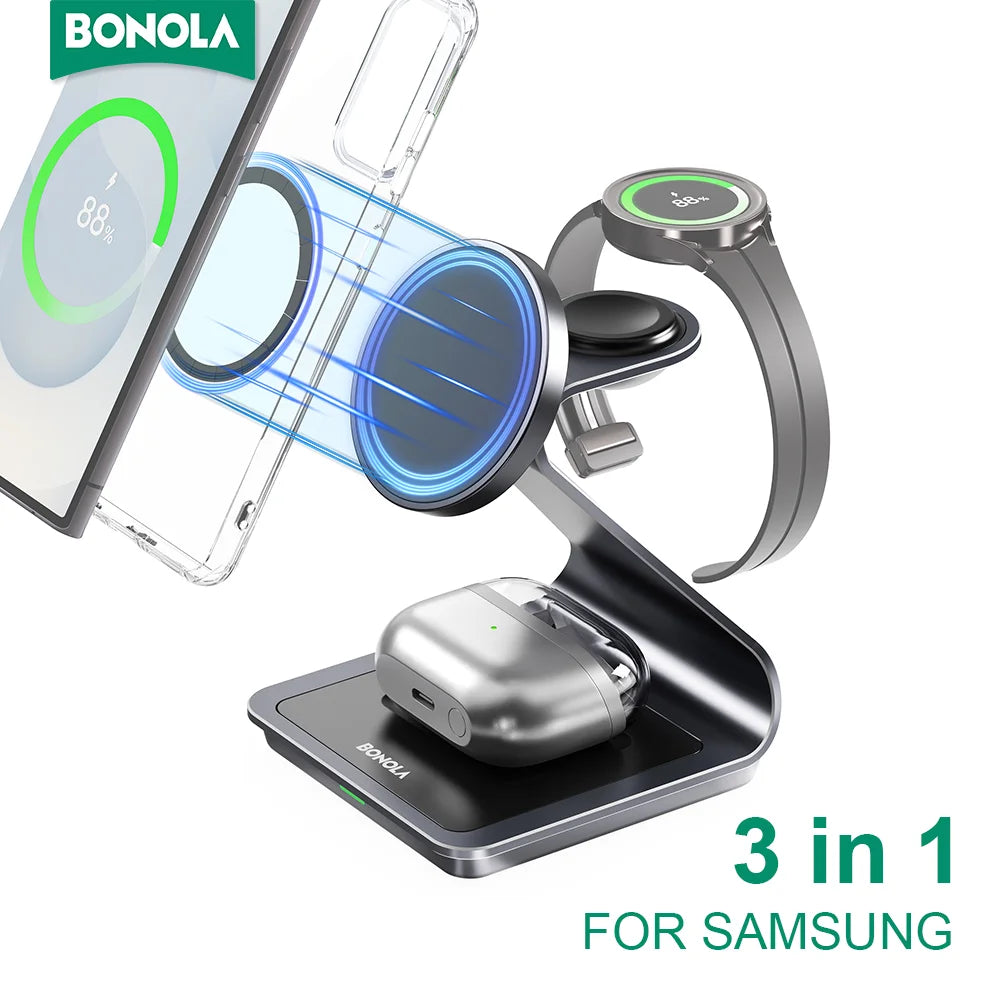 Bonola Wireless Charging Stand – 15W Fast Charge, 3-in-1 for Phone, Watch & Buds