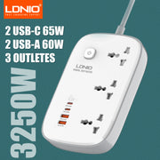 LDNIO 65W Power Strip – 3 AC Outlets & 4 USB Ports