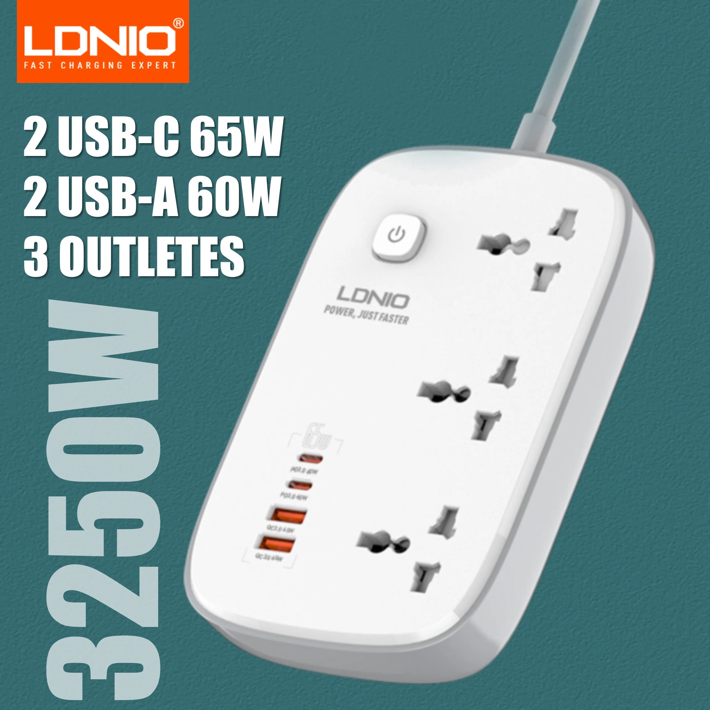 LDNIO 65W Power Strip – 3 AC Outlets & 4 USB Ports