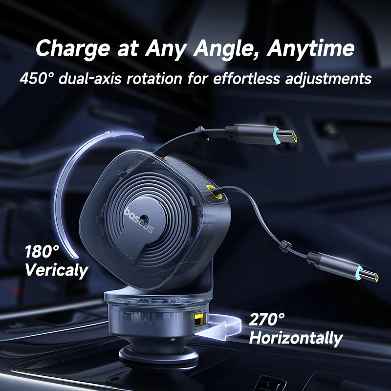 Baseus 240W Car Charger – 4-Port Fast Charging Adapter with Retractable USB-C Cable