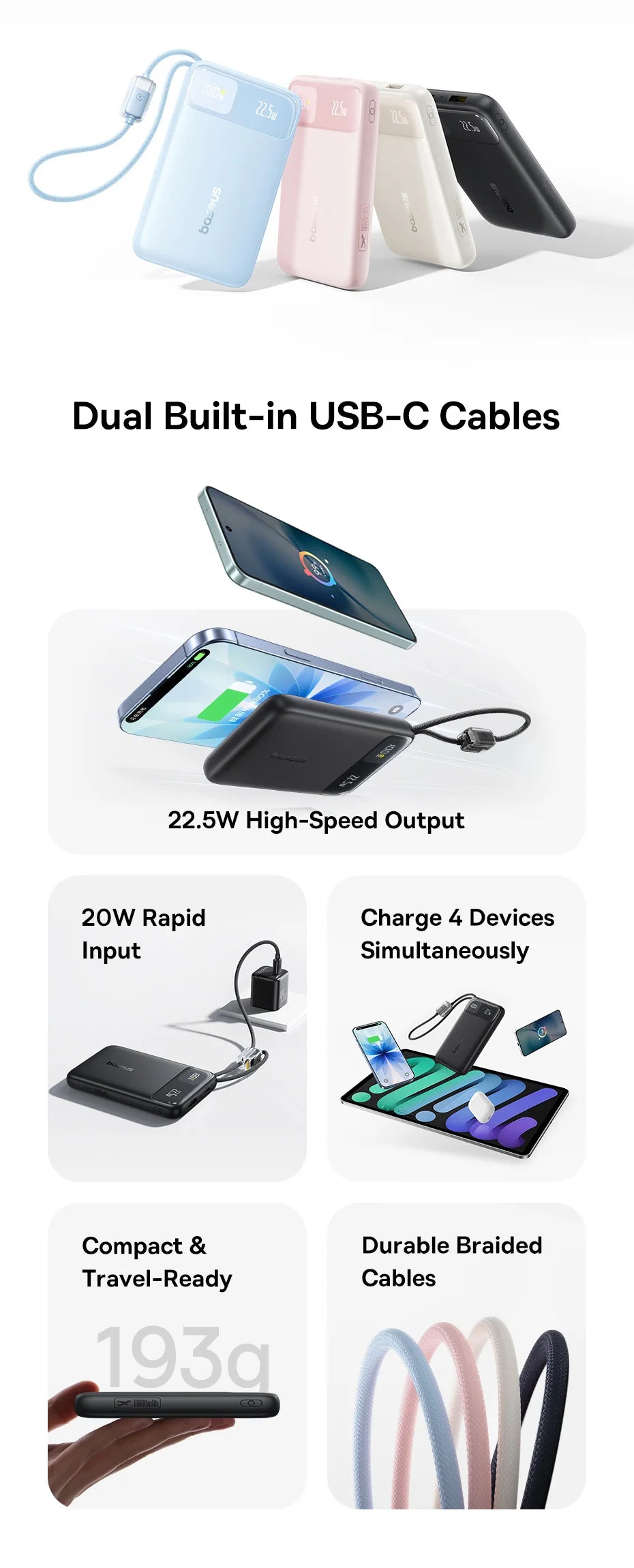 Baseus 10,000mAh Power Bank – 22.5W Fast Charge, Dual USB-C