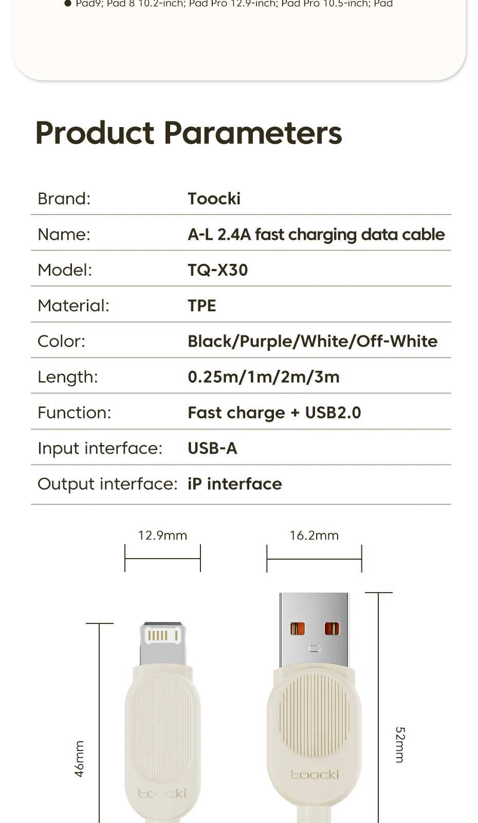 Toocki Fast USB Cable for iPhone & iPad – 2.4A Charging