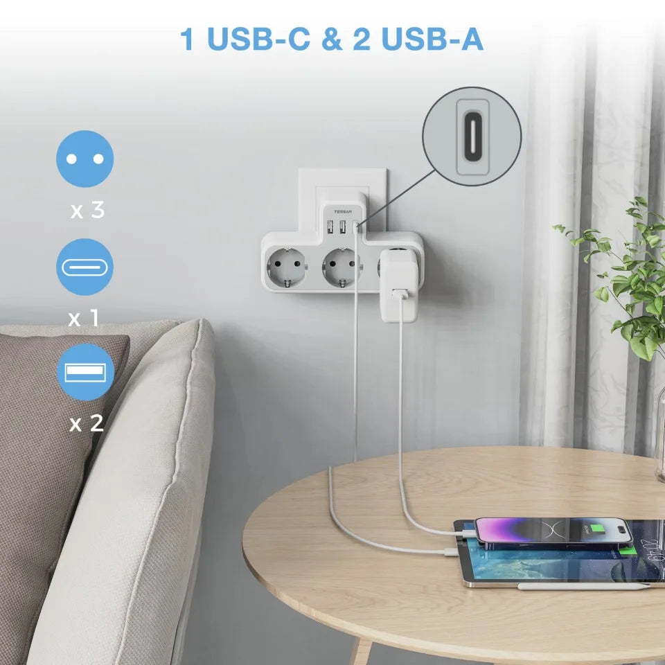 TESSAN Multiple Wall Socket with 3 AC Outlets Charging Ports EU Plug Wall Power Strip with Overload Protection 3fach Stecker Eu