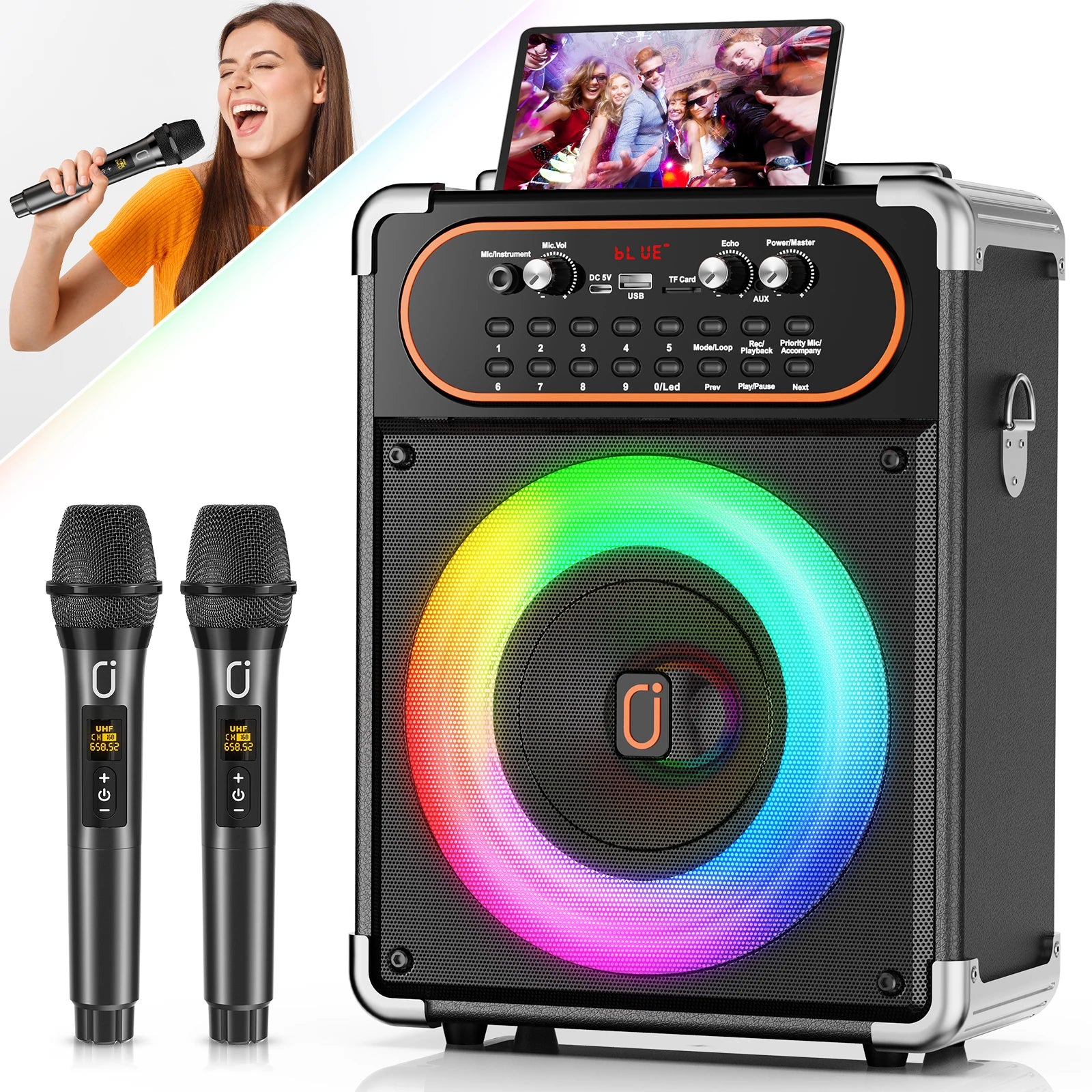 S68 Kara Ok with 2 Microphones, Portable Bluetooth 5.3 Kara Ok Speaker, Suitable for Outdoor Activities, Parties and Parties