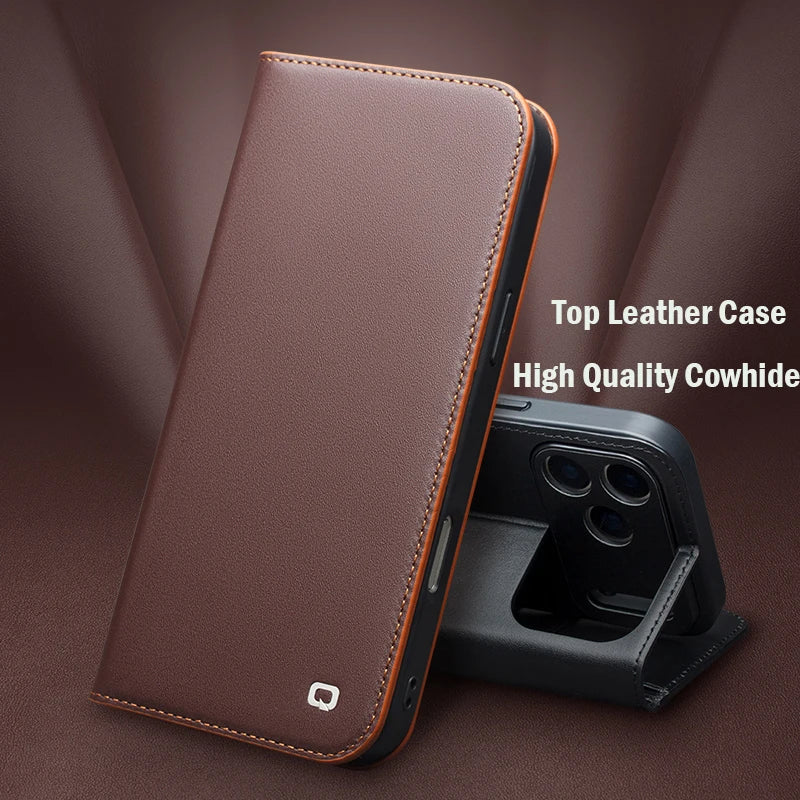 QIALINO Genuine Leather Wallet Case for iPhone 17 Pro Max – Handmade Flip Cover with Card Slots