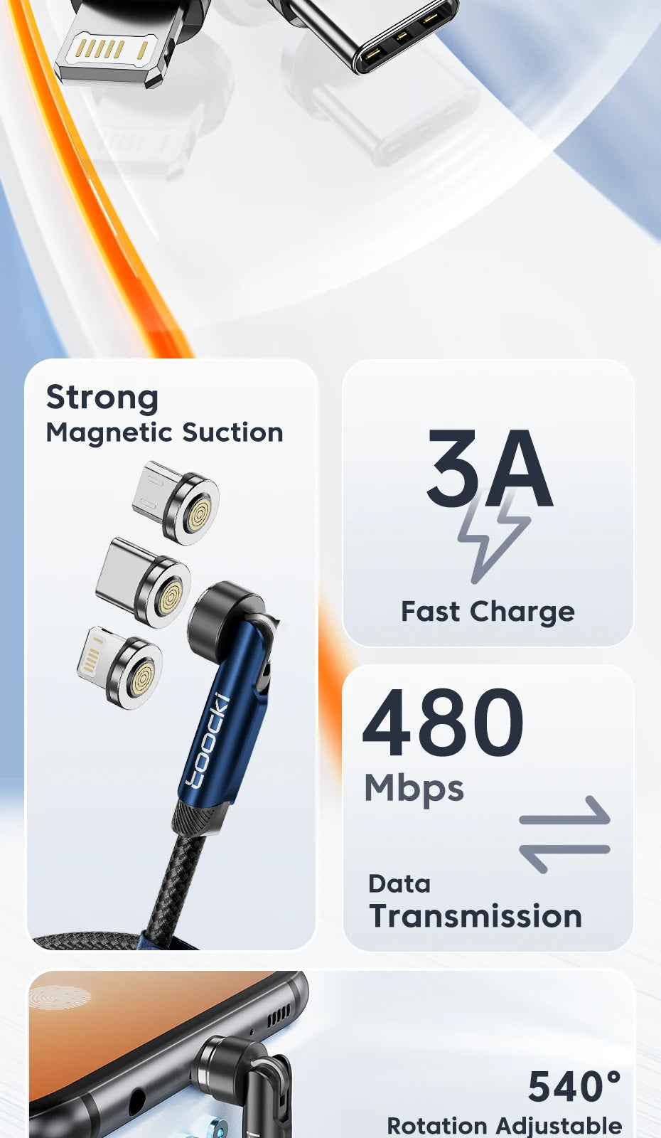 Toocki 540° Magnetic USB-C Cable – Fast Charge for iPhone & Android