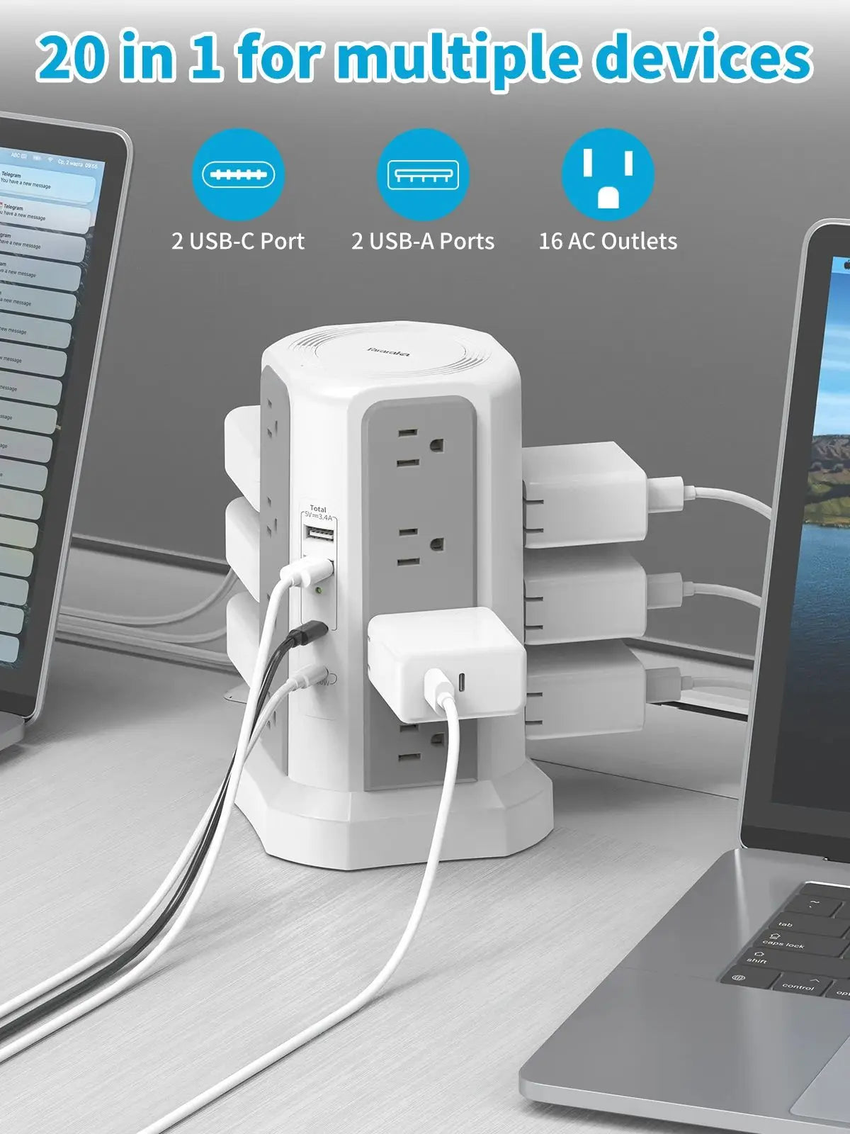 US 4-Layer Tower Power Strip – 16 Outlets with 2 USB-A & 2 USB-C (20W Fast Charge), 3m Cable