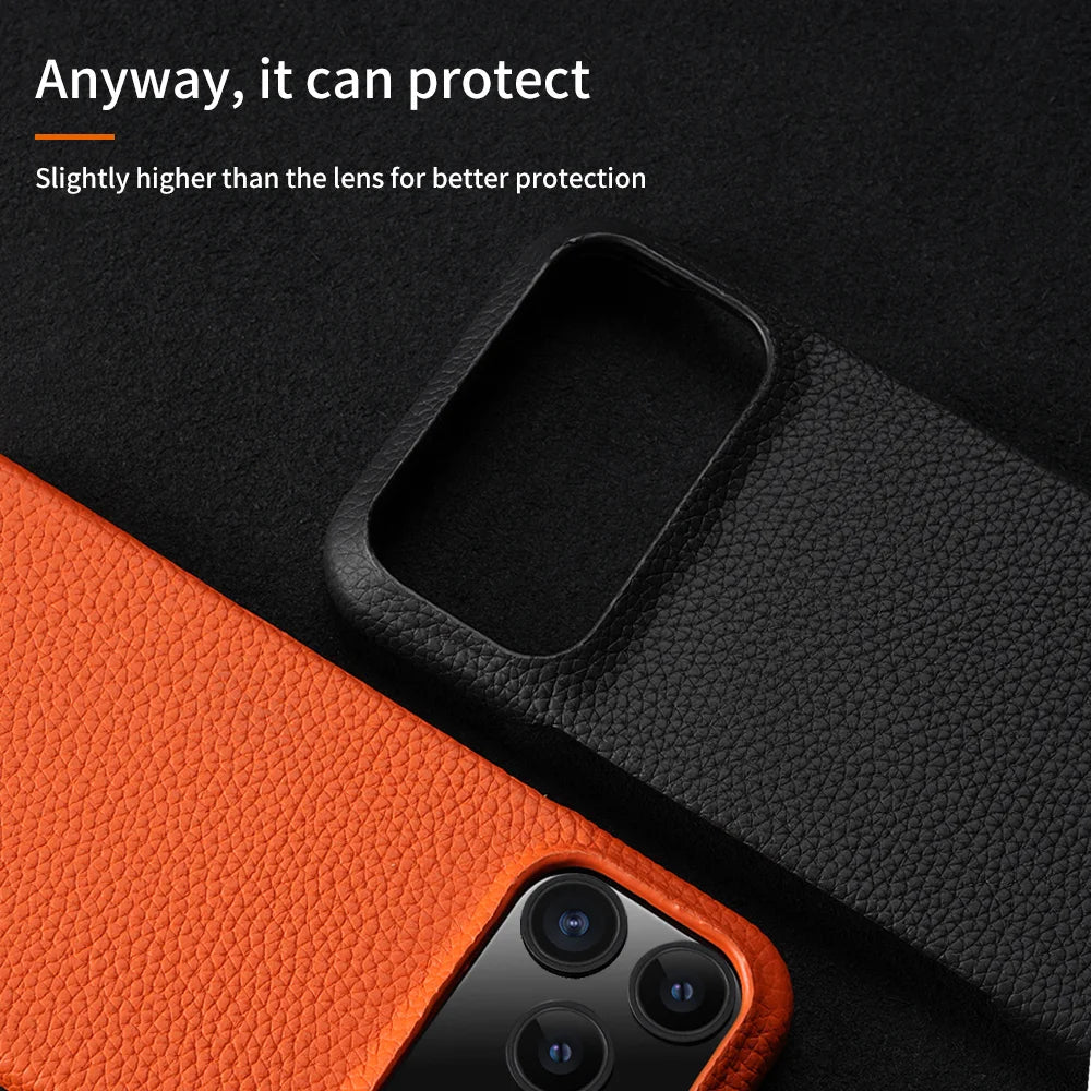 Lychee Genuine Leather Magnetic Case — iPhone 15–17 Series