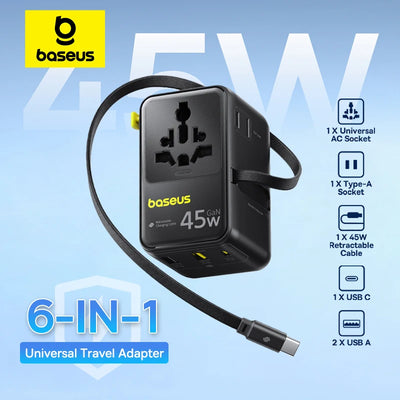 Baseus 6-in-1 GaN Travel Charger – 45W/70W Universal Adapter
