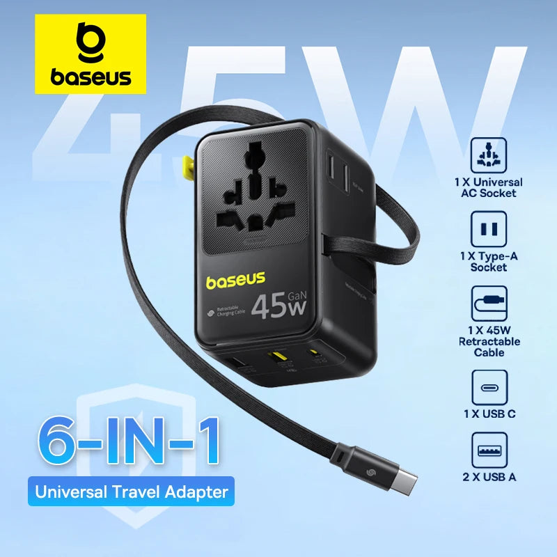 Baseus 6-in-1 GaN Travel Charger – 45W/70W Universal Adapter
