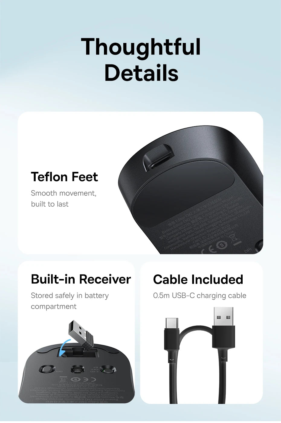 Baseus EM2 Wireless Mouse – Ergonomic, Silent, Type-C Charging