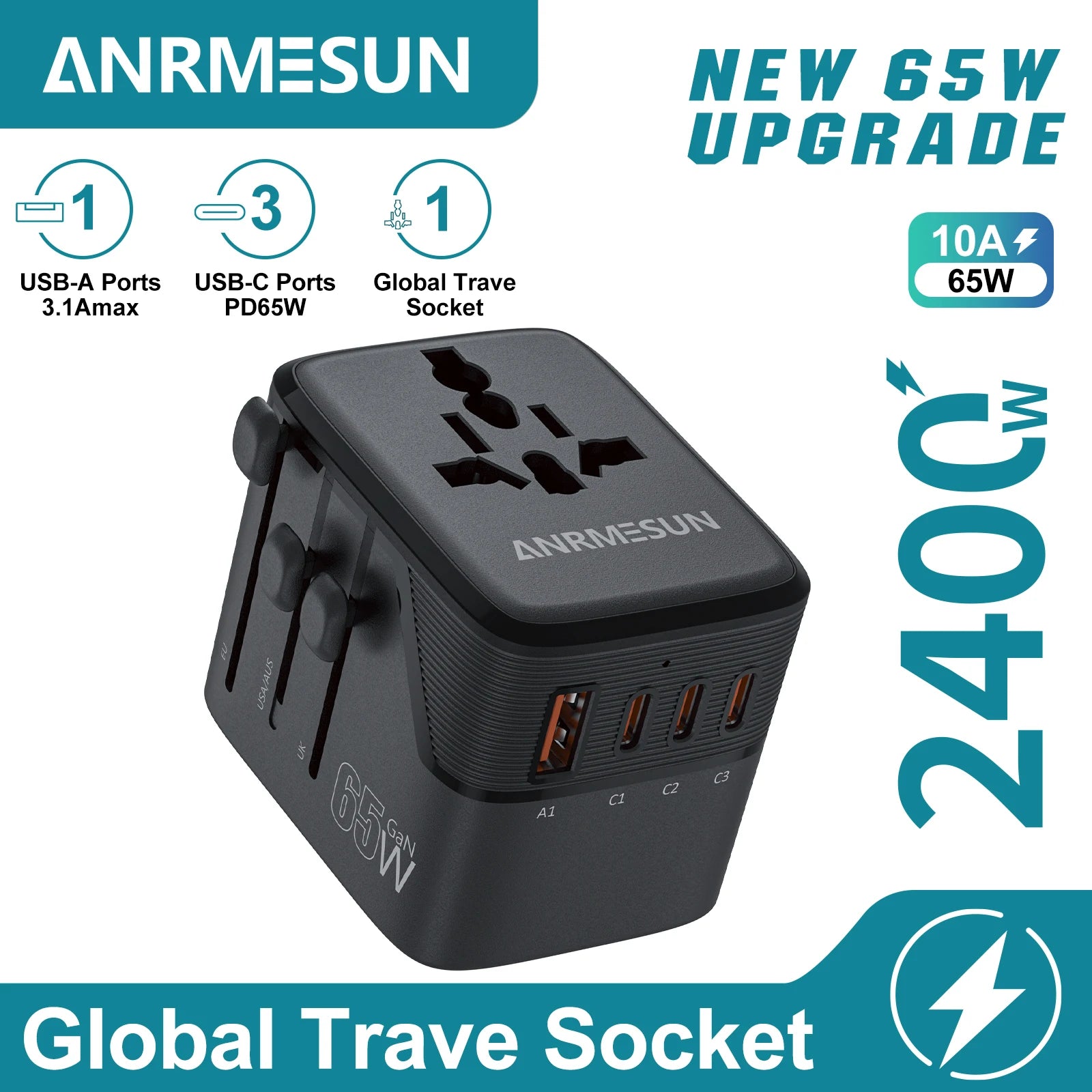 Global Universal Conversion Travel Plug 2 Type-C Sockets EU US AC Power Travel Adapter PD 65w 45w 25w Travel Plug Fast Charging