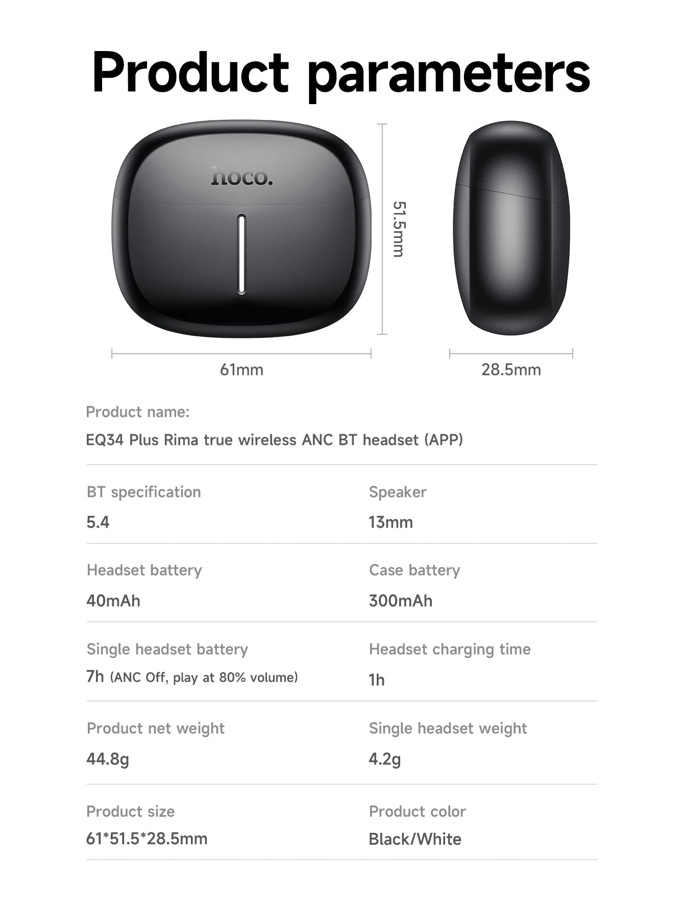 HOCO ANC Acitve Noise Reduction Wireless Bluetooth 5.4 Earbuds With App Control EQ Sound HiFi Sports Music Earbuds 28H Standby