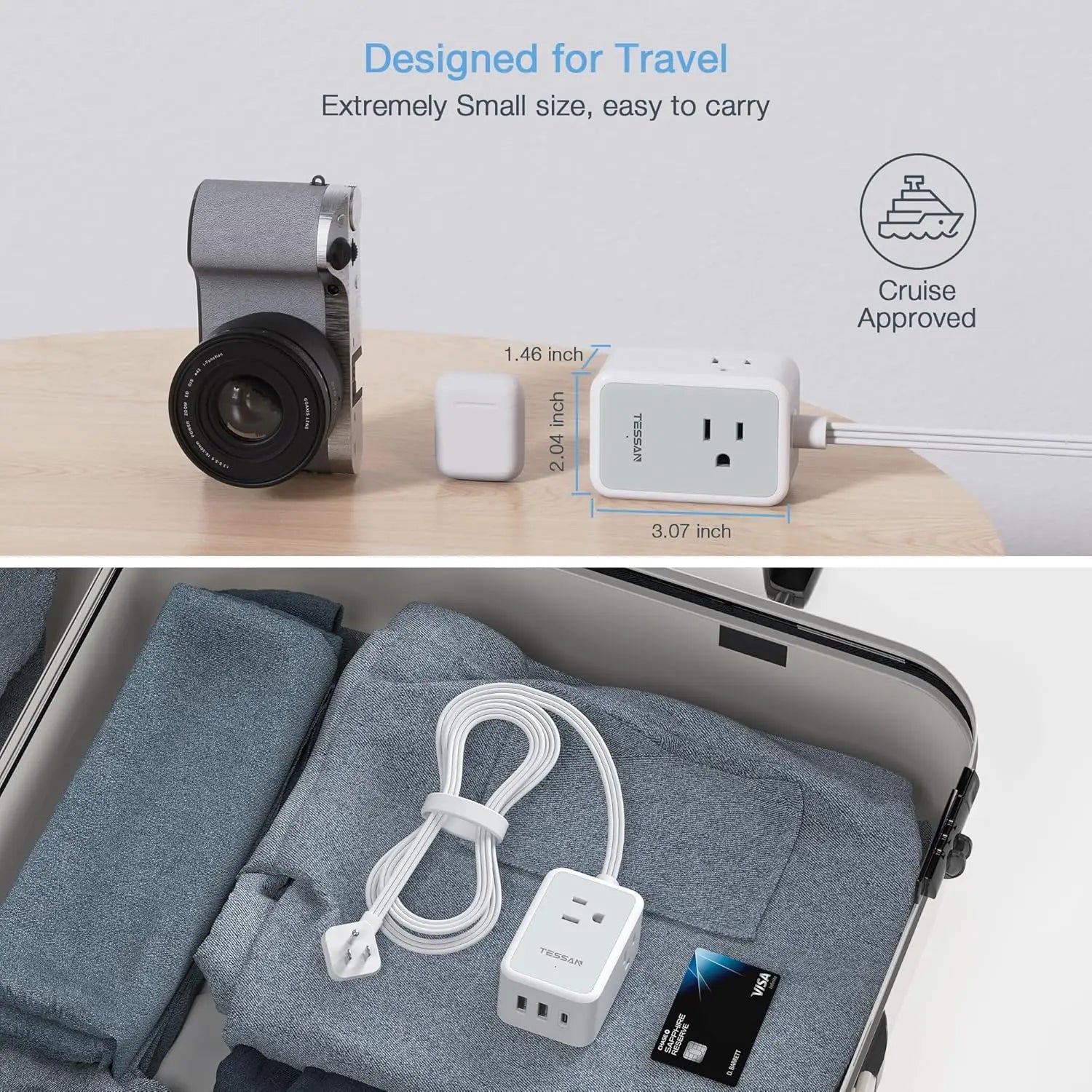 TESSAN Mini Power Strip – Ultra-Thin Design with 3 AC Outlets & 3 USB Ports
