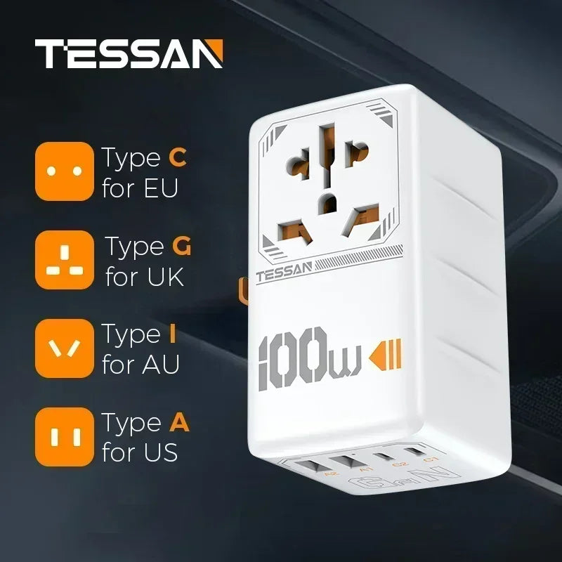 TESSAN 100W GaN Universal Travel Adapter – USB & Type-C Fast Charging