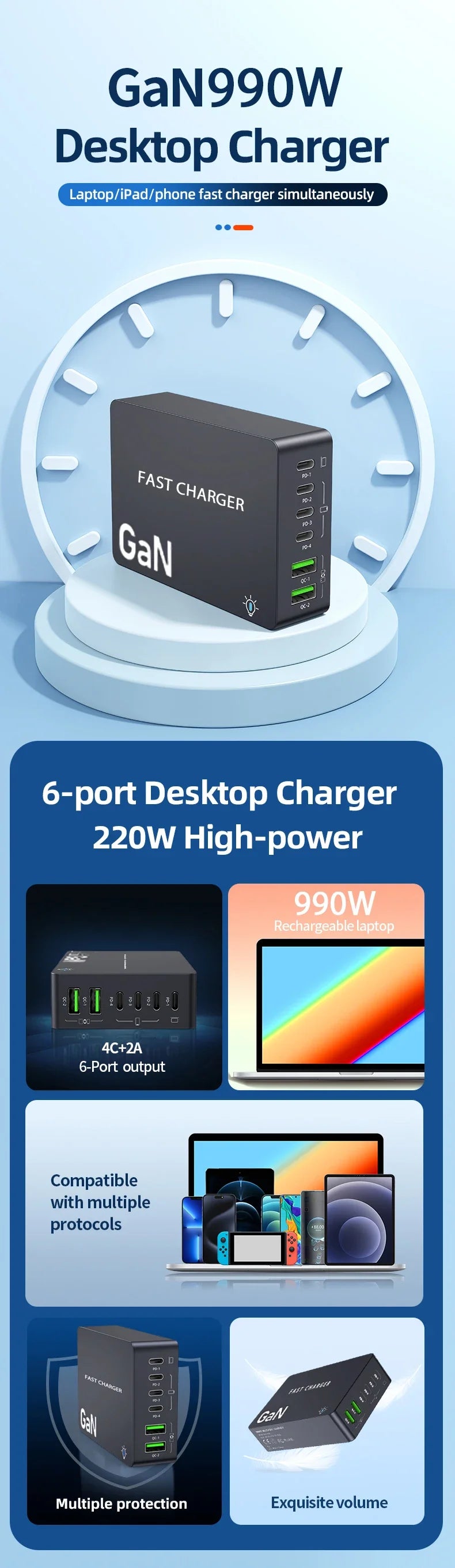 990W GaN Desktop Charging Station – 6-Port Fast Charger with 4 USB-C & 2 USB-A Ports