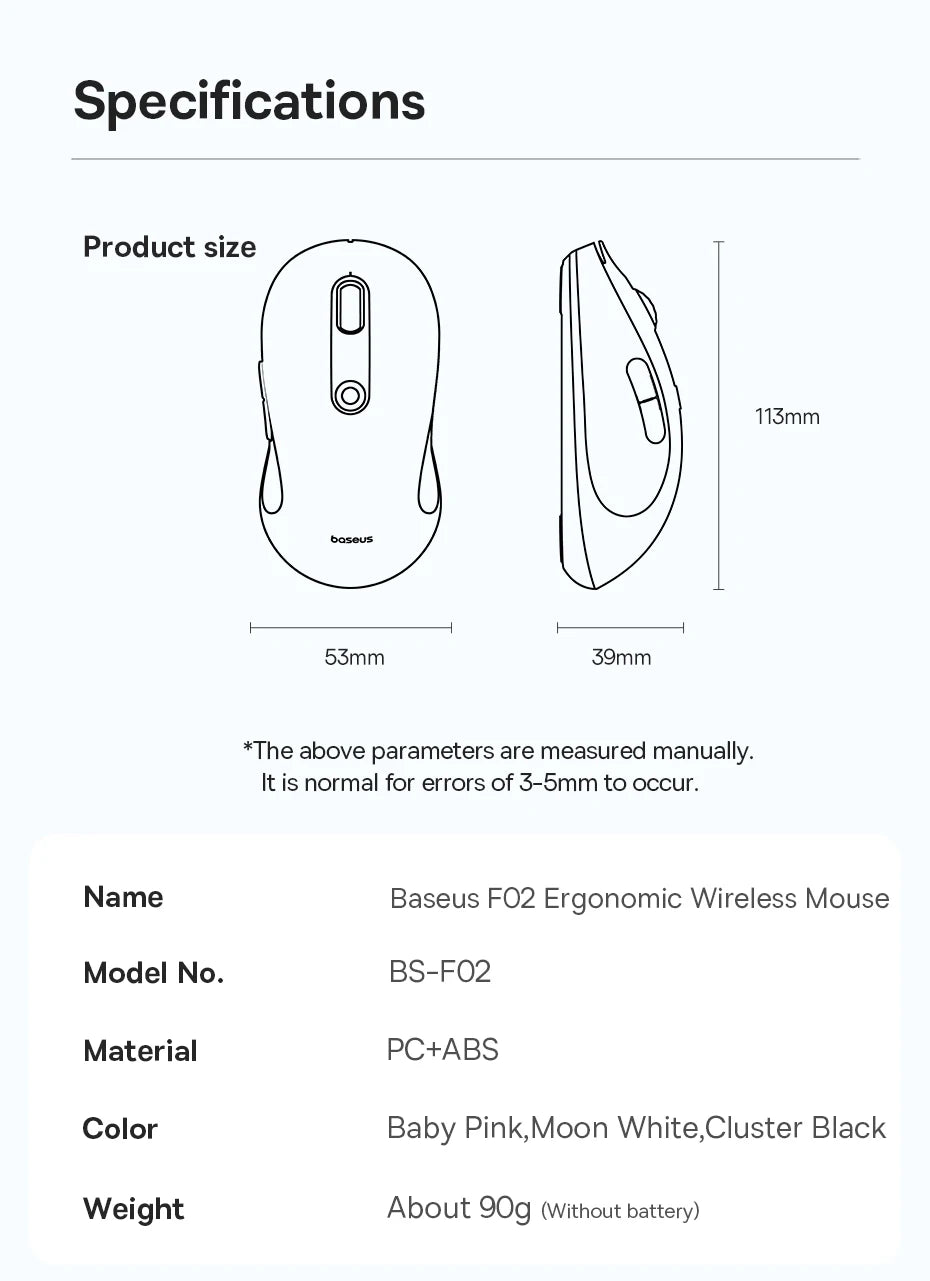 Baseus F02 Wireless Mouse – Ergonomic & Bluetooth
