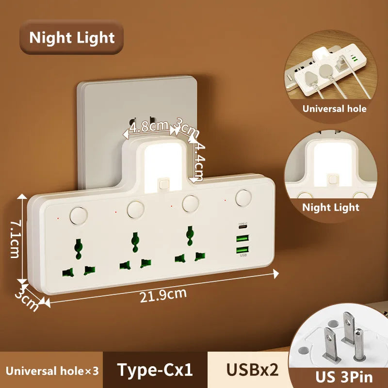 7-in-1 EU US UK AU Power Strip, Independent switch socket Power Strip 3 AC Outlets 2 USB 1 Type-C, Equipped USB charging adapter