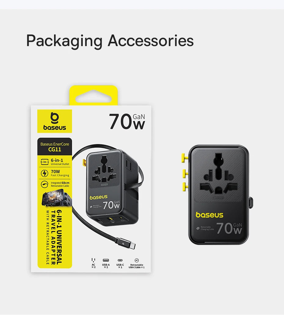 Baseus 6-in-1 GaN Travel Charger – 45W/70W Universal Adapter