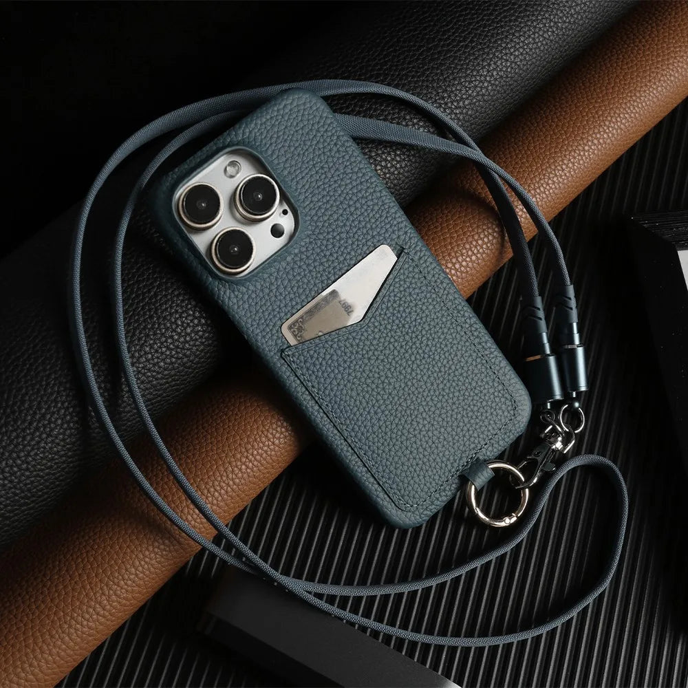 Multifunctional Charging Cable Lanyard Genuine Leather Case For iPhone 16 Pro Max 15Pro 11 13 12 14Pro Crossbody Strap Card Slot