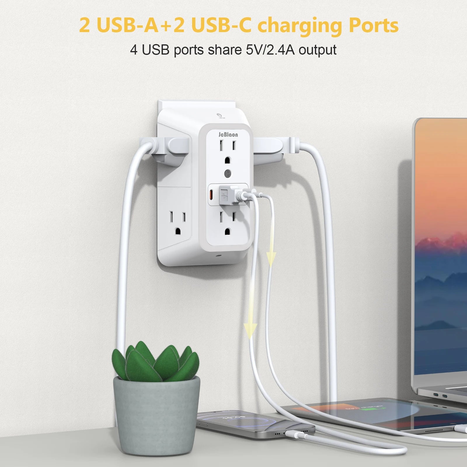 With Night Light US Plug AC Outlets Multitap Socket Electrical Power Strip with USB Type-C Ports Charging Network Filter Adapter