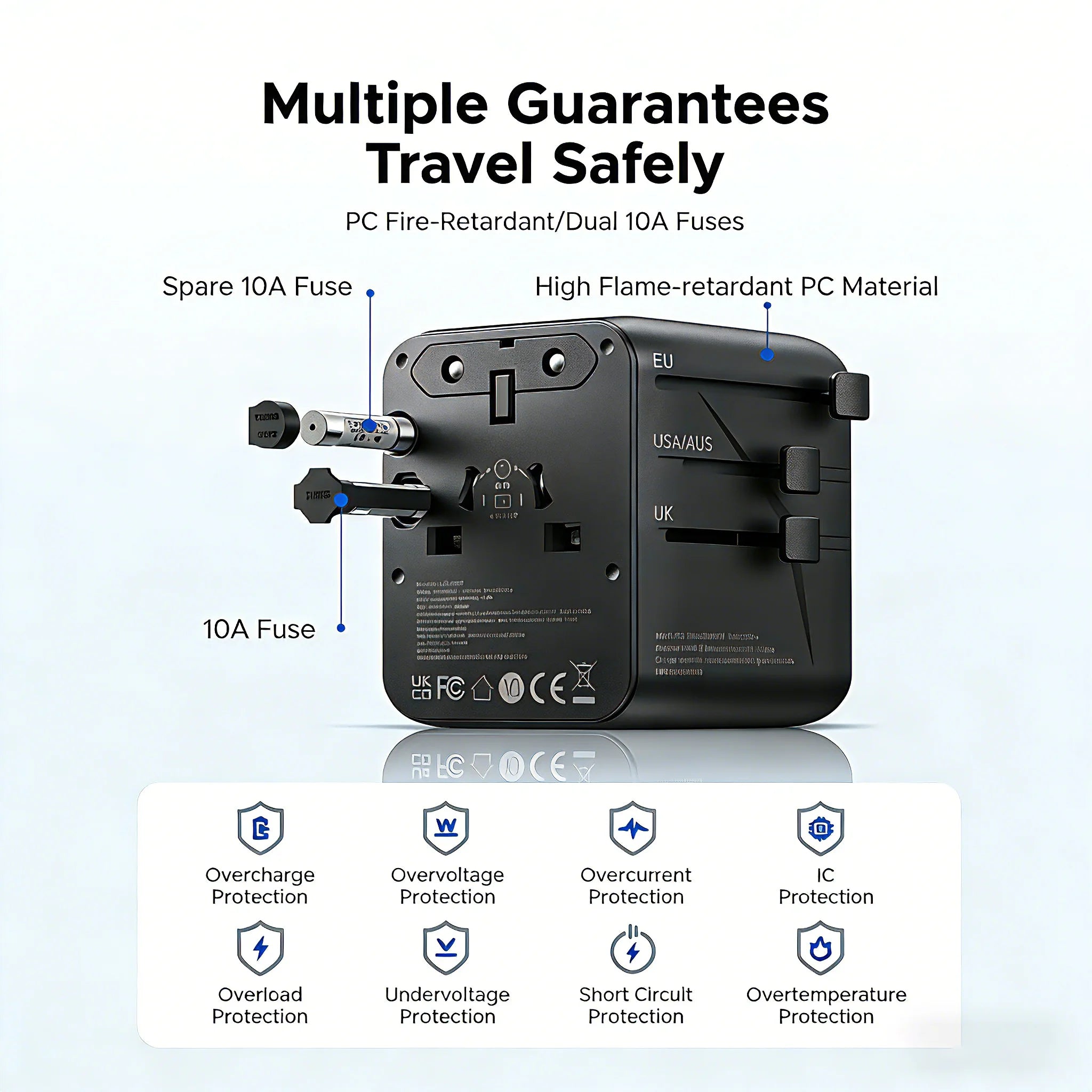 ORICO Universal Travel Adapter Worldwide All-in-One 20W GaN with AC Outlet USB A Type C Dual 10A Fuses Fast Charging EU US UK AU