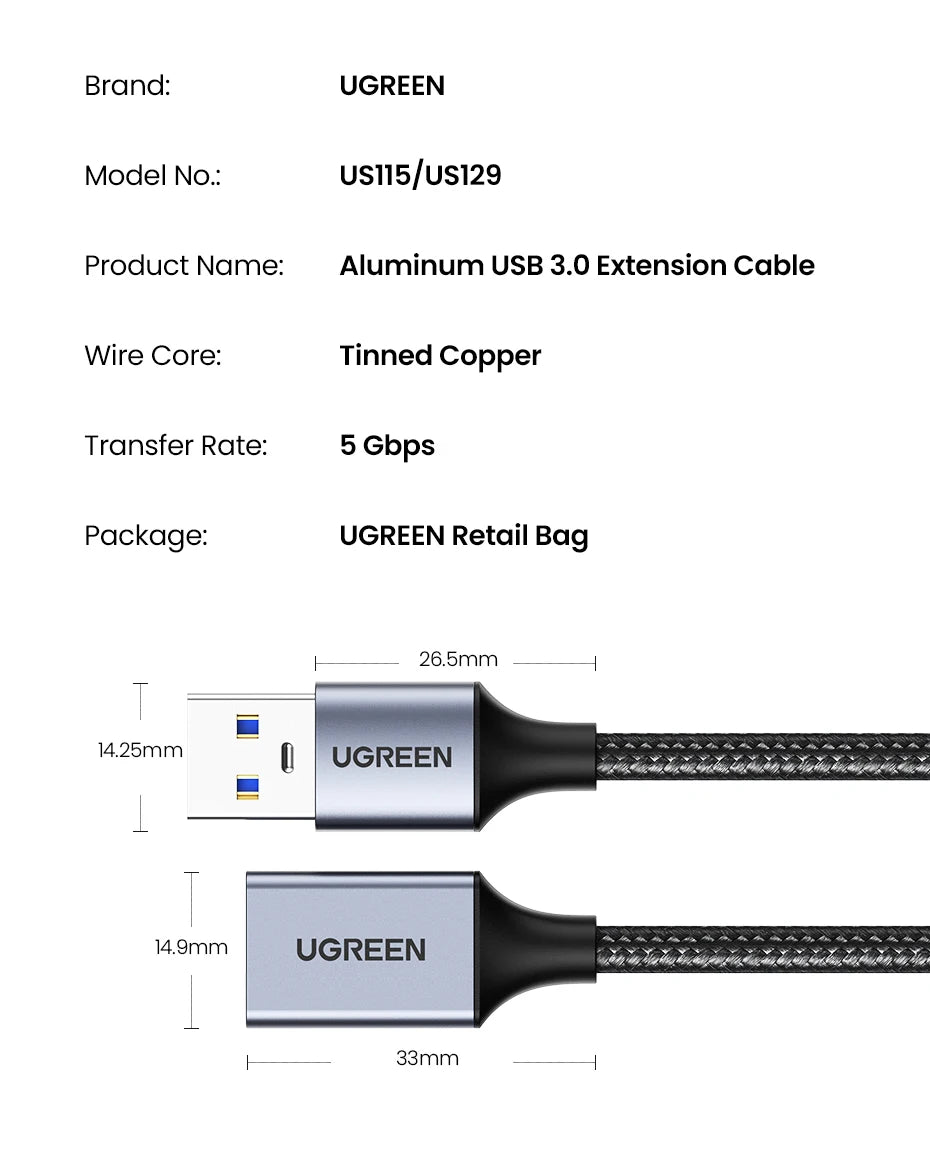 UGREEN USB 3.0 Extension Cable – Male to Female, Data Transfer