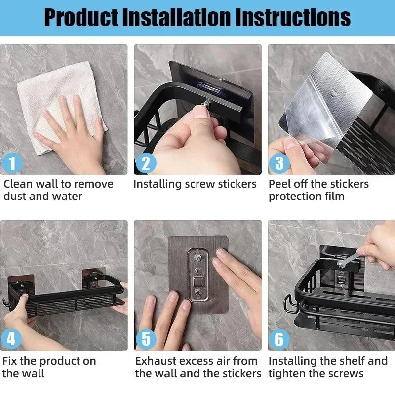 Aluminum No-Drill Shelf – Bathroom & Kitchen Wall Storage Organizer