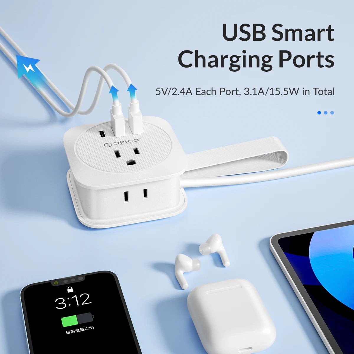 ORICO Travel Power Strip – US Adapter with 2 USB & Type-C Fast Charging